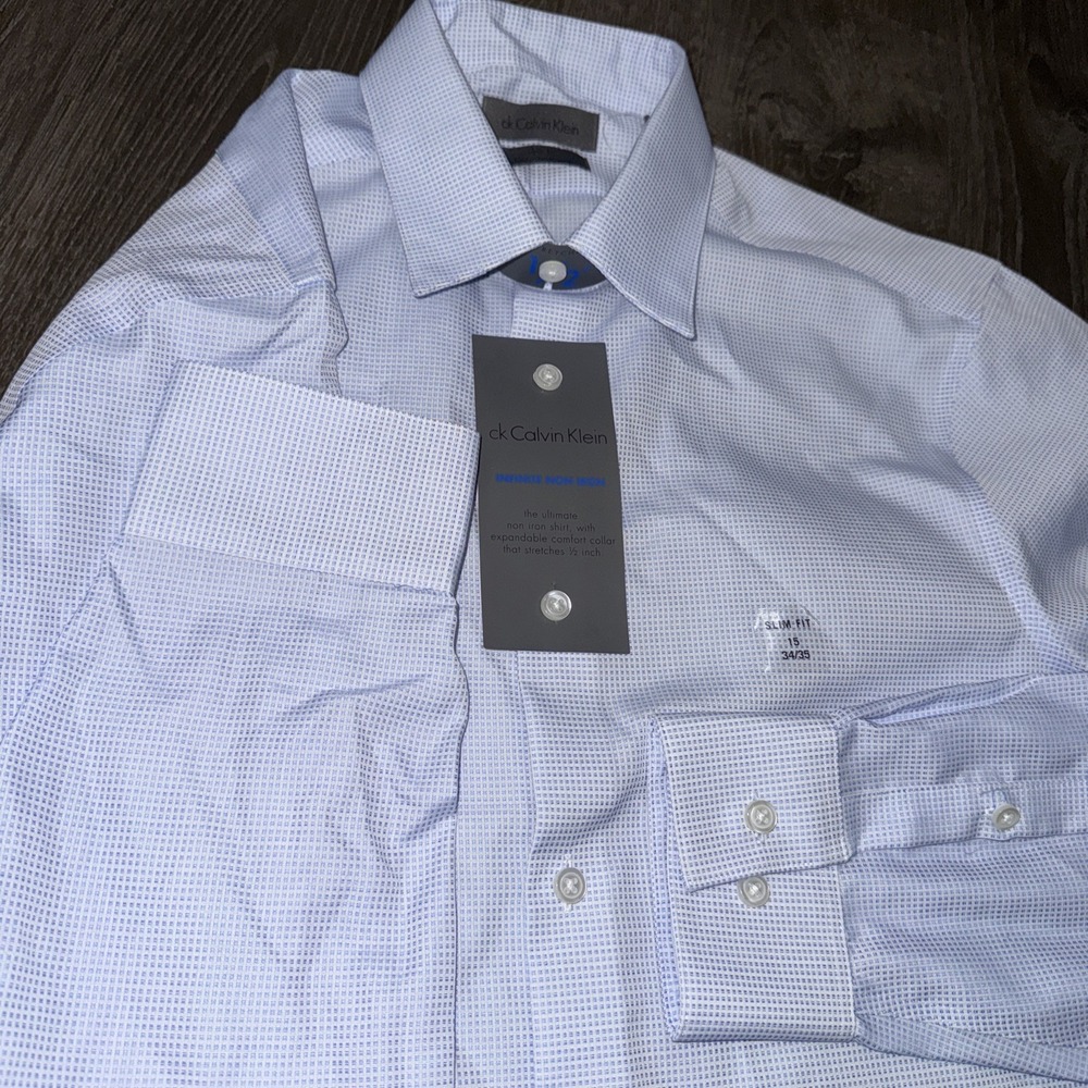 Calvin Klein Infinite Non-Iron Slim Fit Micro Check Dress Shirt Mens M 15 34-35